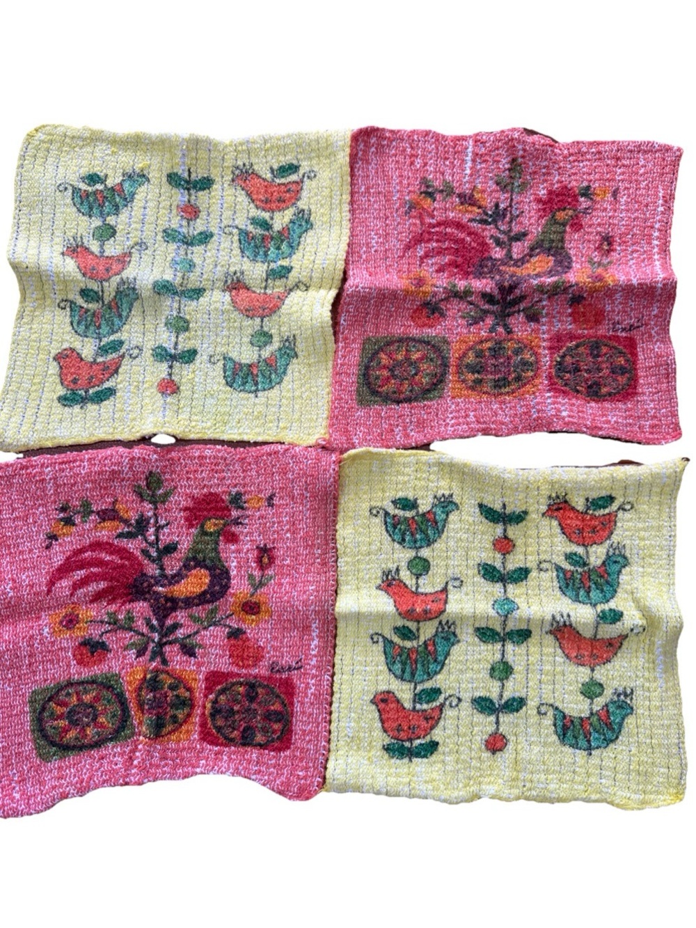 Vintage Swedish Style Printed Knit Dishcloths Lot of 4 Bird/Rooster 10x10